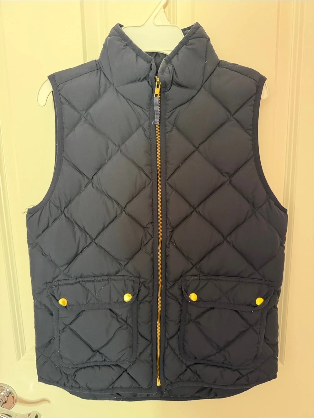 J. Crew Navy Quilted Vest with Yellow Zipper Accents